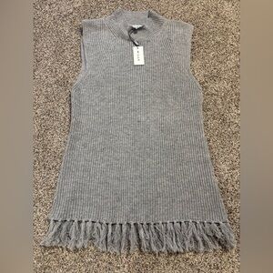 Milly NWT Wool/Cashmere Mock Neck Sleeveless Fringe Sweater Top Size Large Gray